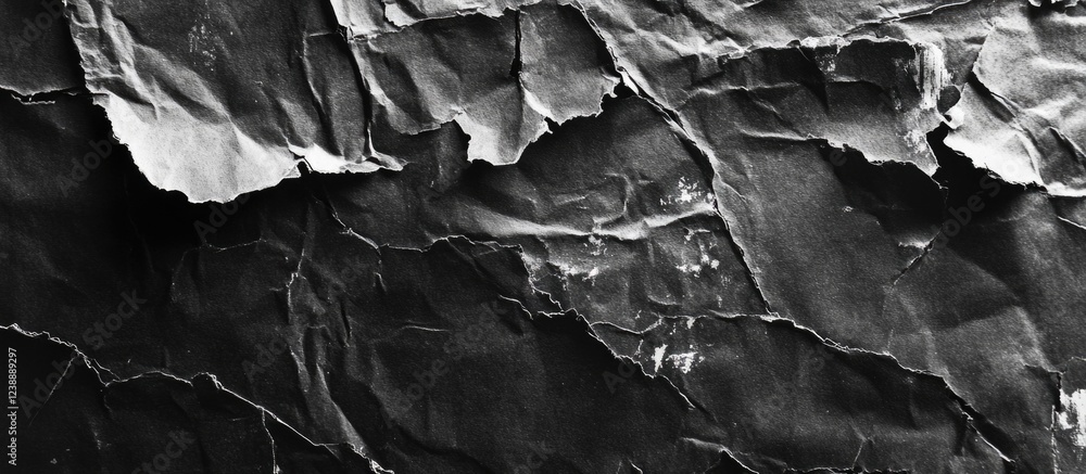 Close-up texture of crumpled and torn black paper with intricate folds and creases.