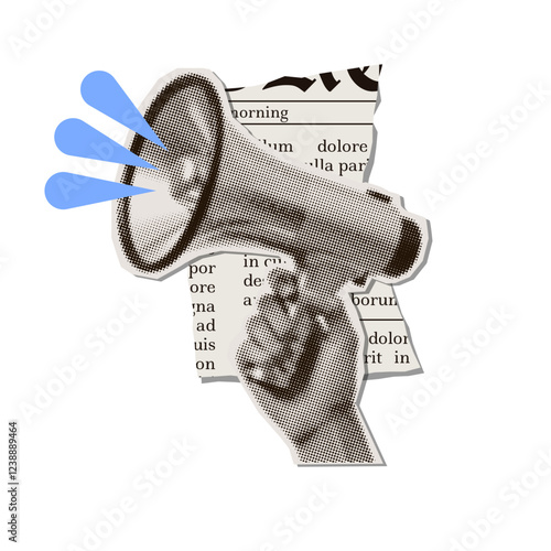 Halftone collage hand holding loudspeaker with torn out newspaper sheet beside. Attention, Breaking news concept. Newspaper cut our clipping. Contemporary vector illustration.