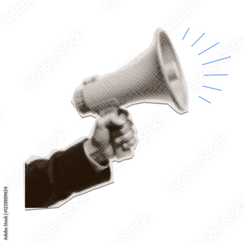 Retro sleeved hand holding Halftone megaphone, loudspeaker. Advertising speaker collage in retro style. Vector torn out sticker