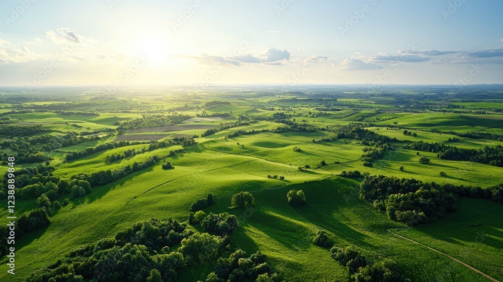 Aerial view of rolling green hills at sunset Aerial view of rolling green hills at sunset