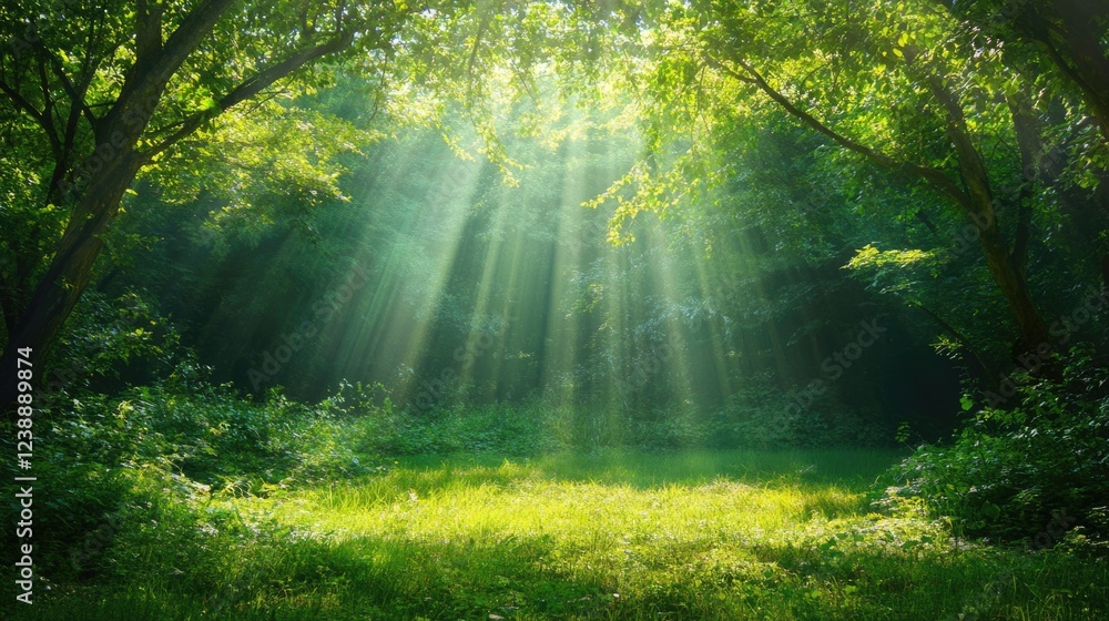 Obraz premium Sunlight Filtering Through Trees in Lush Green Forest with Grassy Clearing