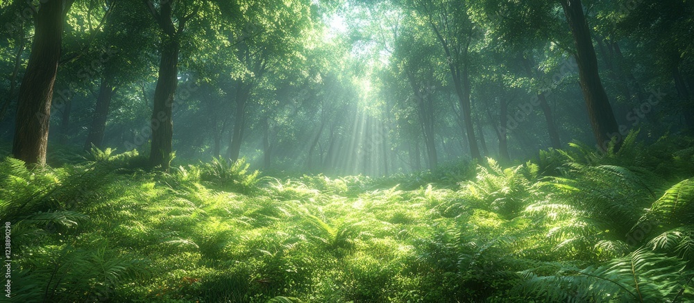 Fototapeta premium Sunlight Filtering Through Dense Forest Canopy Illuminating Ferns Below
