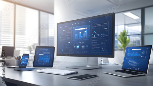 workspace with multiple mobile devices connected to a centralized management system on a large monitor 