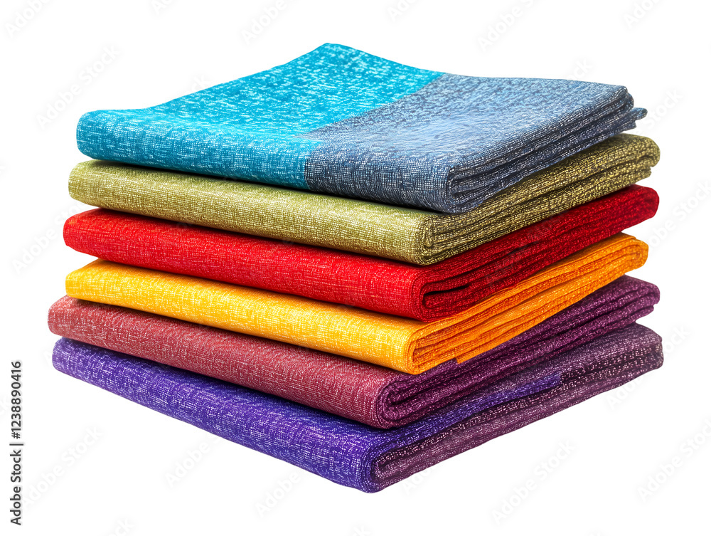 Stack of colorful and soft fabrics in various shades of blue, green, red, yellow, purple, and maroon, isolated on transparent background, PNG, cut out Stack of colorful and soft fabrics in various shades of blue, green, red, yellow, purple, and maroon, isolated on transparent background, PNG, cut out