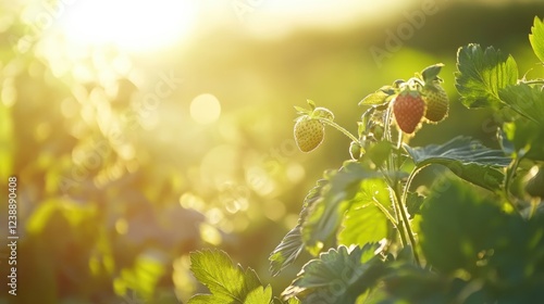 Wallpaper Mural Strawberry Plants in Sunlit Field with Bokeh Background and Green Foliage Torontodigital.ca