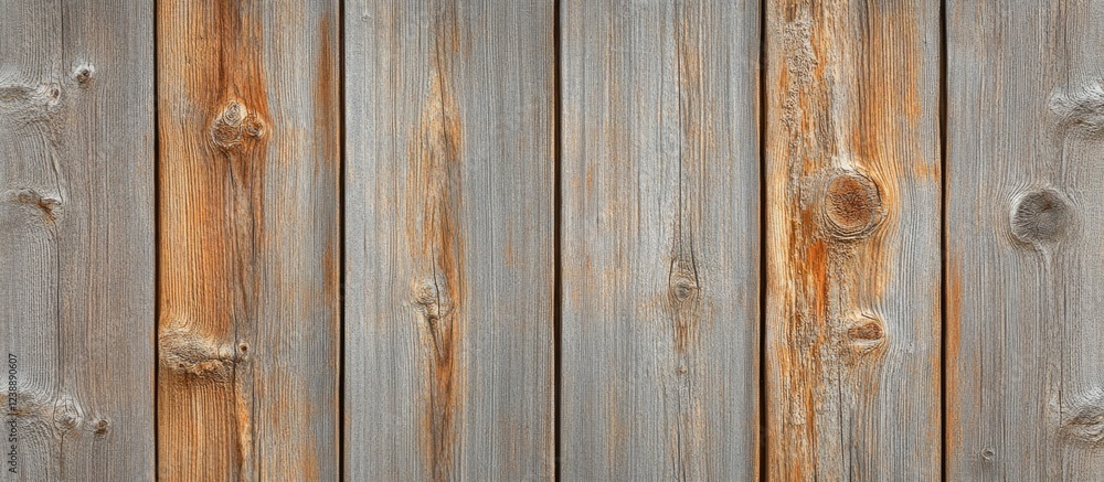 Naklejka premium Weathered wooden fence panels with knots and varying colors, vertical alignment
