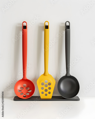 Colorful kitchen utensils displayed on a wall-mounted rack in a modern kitchen setting photo