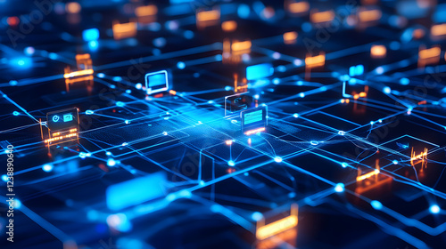 image of a digital network linking mobile devices with security and management features glowing in blue tones 