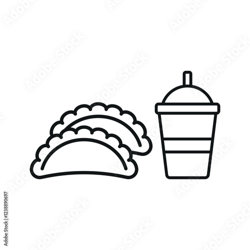 Drink and empanada set food icon represents a delicious snack pairing, perfect for café menus, street food designs, and bakery-themed illustrations.