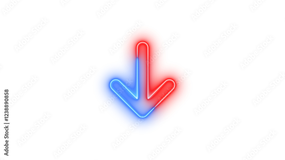 Neon arrow down icon blue red color glowing with transparent background Neon arrow down icon blue red color glowing with transparent background