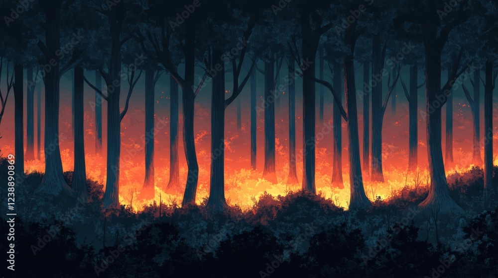 Obraz premium Forest Fire at Night: Intense Burning Trees and Dark Woods