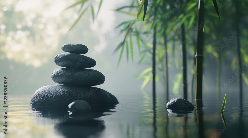 Stacked Stones in Tranquil Water with Bamboo Forest Background and Soft Lighting Stacked Stones in Tranquil Water with Bamboo Forest Background and Soft Lighting