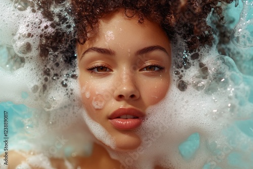 Beautiful model relaxing in a turquoise bathtub with soap foam: skincare and wellness