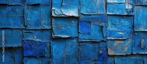 Textured abstract blue painted canvas background with layered square shapes and rough brush strokes