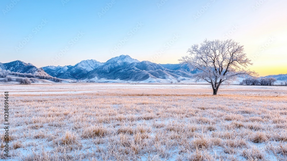 Frosty sunrise over snow-covered plains, lone tree, mountain backdrop; winter landscape Frosty sunrise over snow-covered plains, lone tree, mountain backdrop; winter landscape