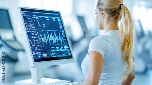 Woman Using Fitness Data Monitor In Gym Setting photo