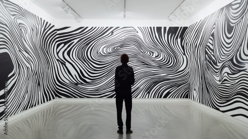 Person viewing large-scale black and white abstract artwork in modern gallery.