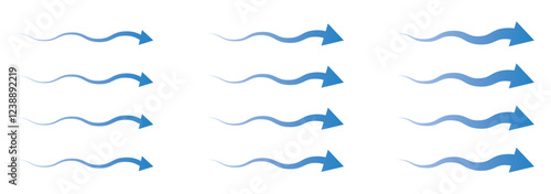 Set of blue arrow showing wind air flow isolated on white background, air direction signs - stock vector. Wind flow arrow direction. Air conditioner air flow direction set transparent background