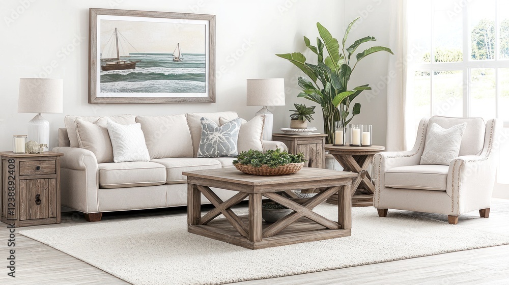 Fototapeta premium Coastal living room with beige sofa, wooden coffee table, and armchairs.
