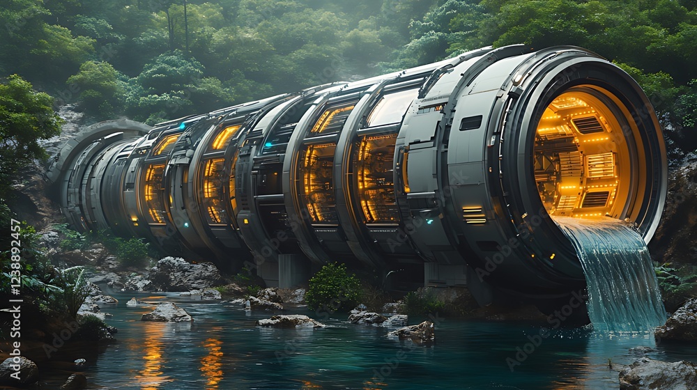 Futuristic pipeline transports water through jungle Futuristic pipeline transports water through jungle