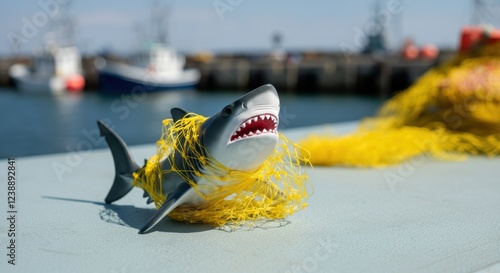 Toy shark entangled in yellow fishing net on dock with boats in background photo