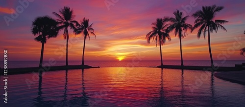 Tropical Sunset with Silhouetted Palm Trees Reflecting on Ocean Water