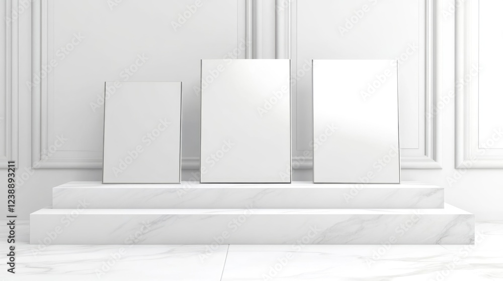 Three blank vertical canvases on tiered marble platform against white paneled wall in minimalist interior setting Three blank vertical canvases on tiered marble platform against white paneled wall in minimalist interior setting