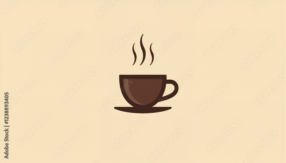 Obraz premium Coffee cup icon, warm atmosphere, steaming beverage, on beige background
