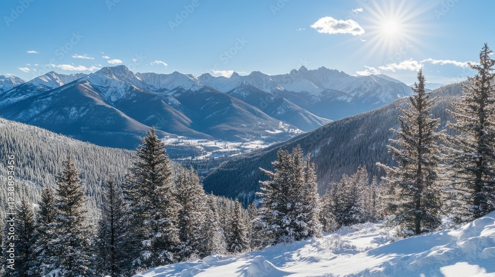 Snowy Mountain Landscape with Pine Trees and Bright Sunlight in Winter Season Snowy Mountain Landscape with Pine Trees and Bright Sunlight in Winter Season