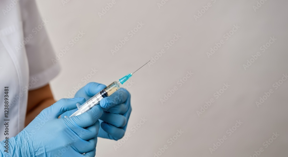 Healthcare professional holding vaccine syringe with gloved hands Healthcare professional holding vaccine syringe with gloved hands