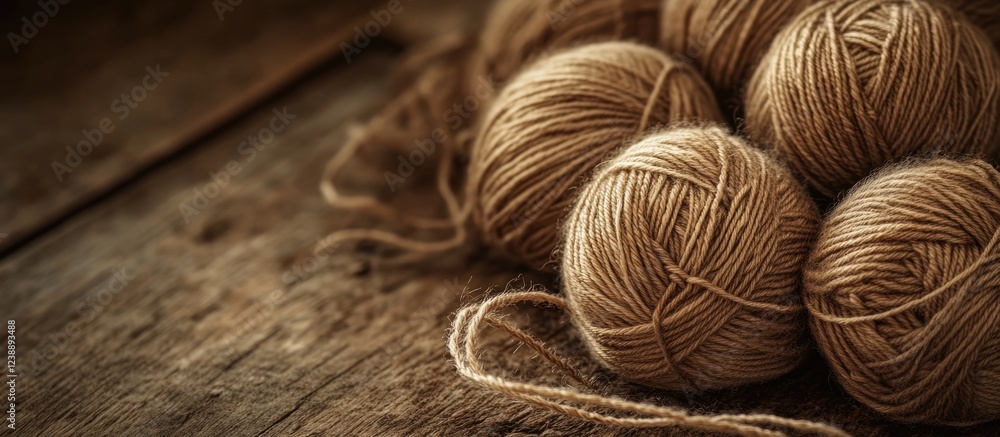 Rustic wooden surface with brown yarn balls arranged in a cozy setting. Rustic wooden surface with brown yarn balls arranged in a cozy setting.