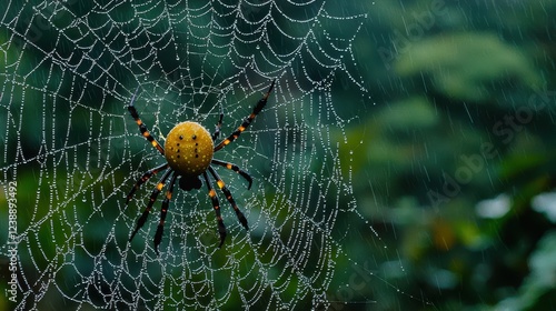 A close-up of a spider carrying pathogens in a dense jungle setting, with dew glistening on its web. The scene highlights the potential for disease transmission from unexpected vectors  photo