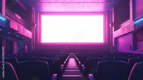 Empty movie theater with pink neon lights, blank screen photo