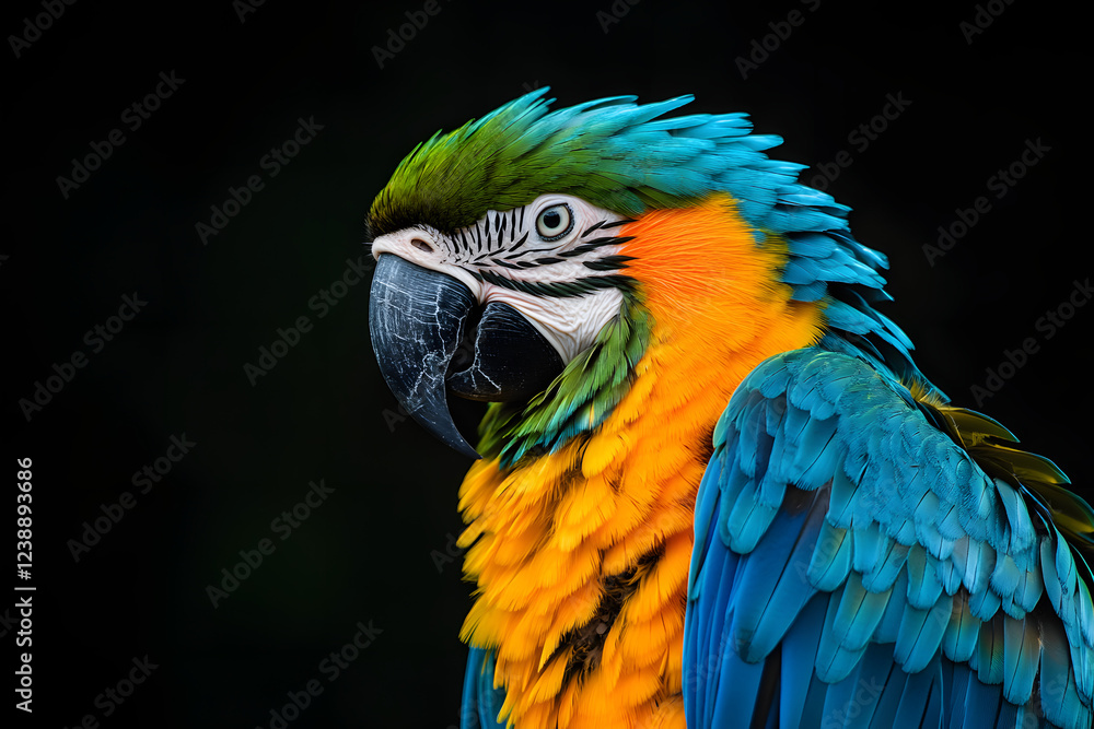 Obraz premium Parrot Close-up, Blue and gold Macaw portrait in Nature focusing on its detailed colorful feathers, exotic Ara in the wild Dark tropical background