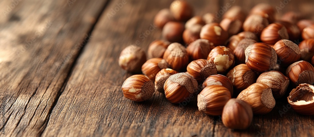 Hazelnuts Scattered on Rustic Wooden Table Surface with Copy Space Hazelnuts Scattered on Rustic Wooden Table Surface with Copy Space