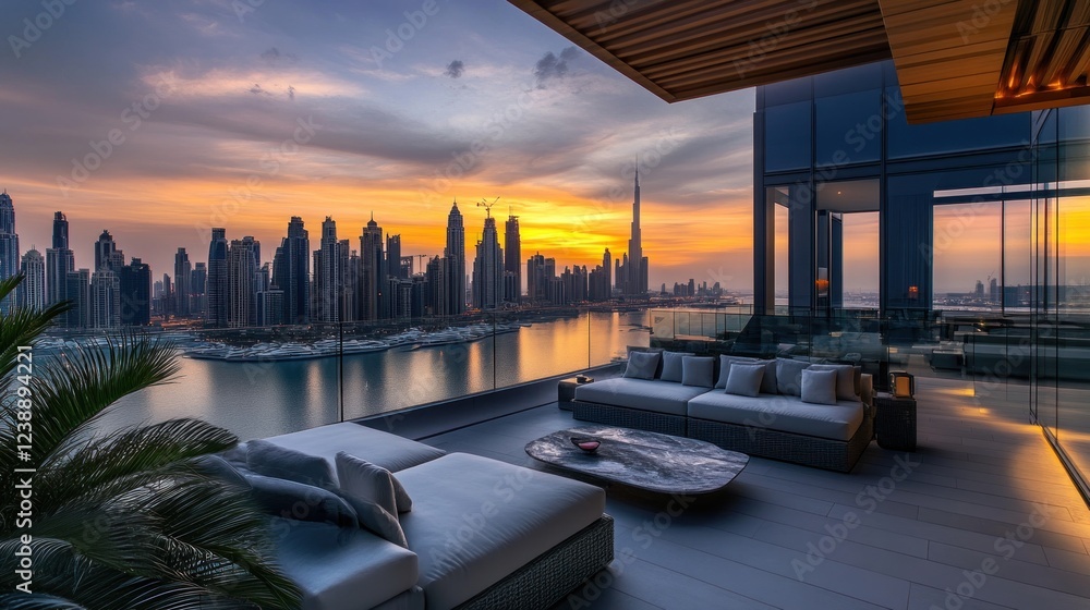 Obraz premium Dubai Skyline Sunset View From Luxurious Penthouse Terrace