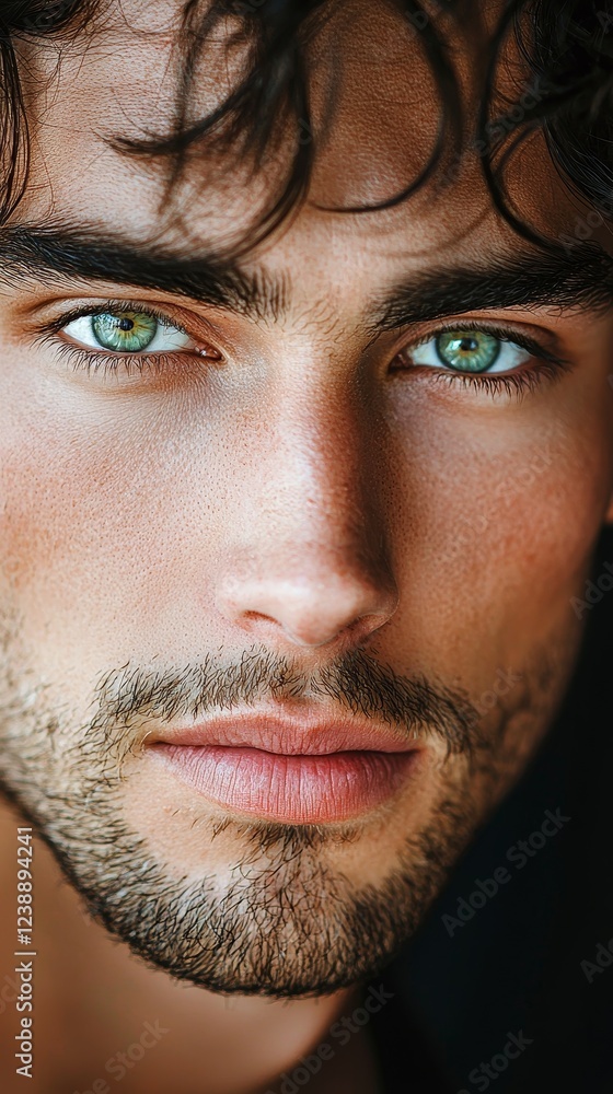 Intense close-up of a bearded male model highlighting striking green eyes and well-groomed facial hair for fashion branding. Intense close-up of a bearded male model highlighting striking green eyes and well-groomed facial hair for fashion branding.