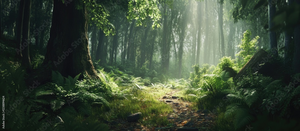 Obraz premium Sunlight Filtering Through Dense Green Forest with Pathway and Lush Vegetation