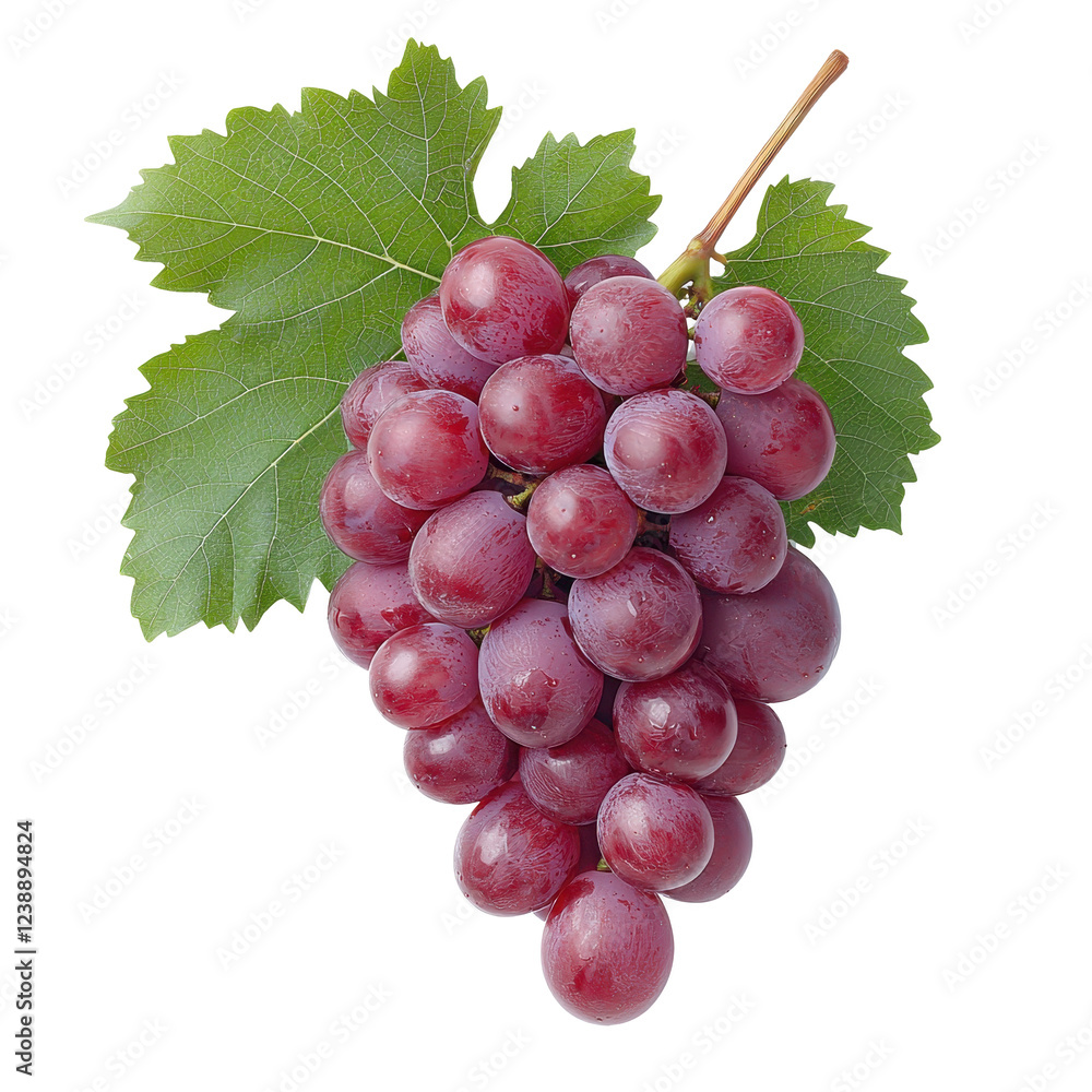 Fototapeta premium Fresh red grapes with green leaves isolated on a white background.