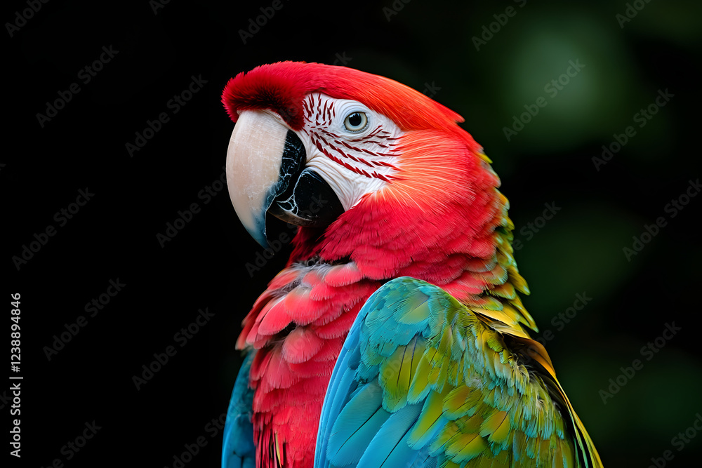 Naklejka premium Parrot Close-up, Red Macaw portrait focusing on its detailed colorful feathers, Dark tropical background