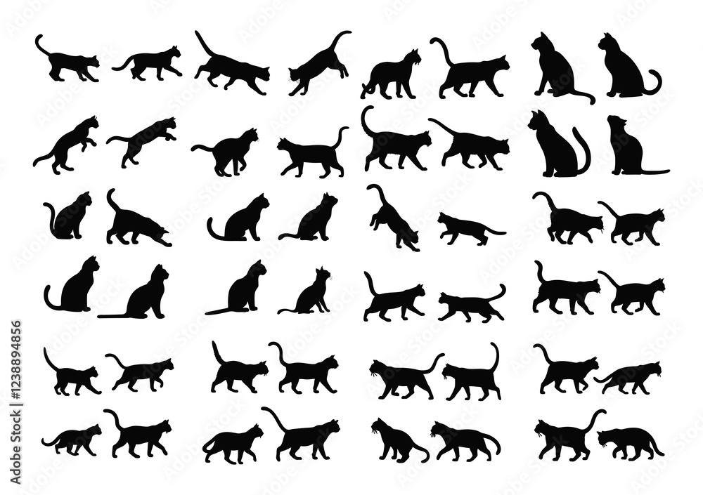Obraz premium Cats in Various Poses and Styles as Black Silhouettes on a White Background