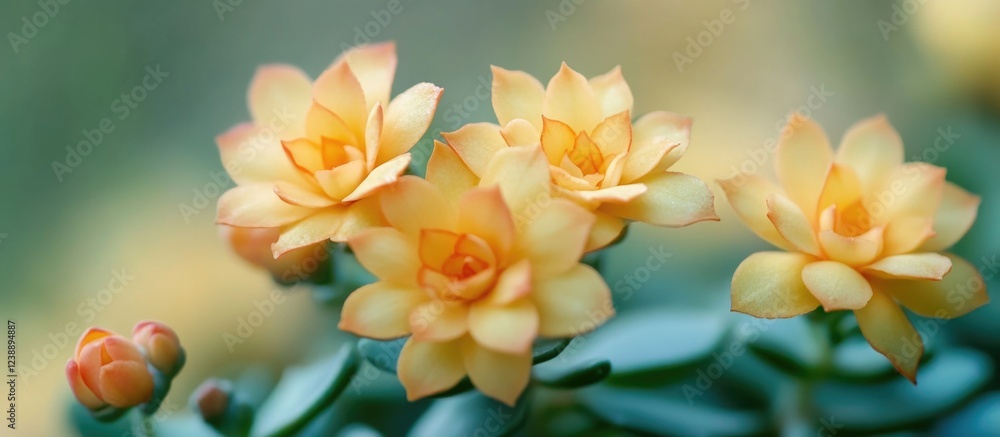 Obraz premium Yellow Succulent Flowers Blooming on Green Stems with Soft Background