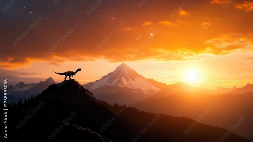 Dinosaur silhouette against mountain sunset. Dinosaur silhouette against mountain sunset.