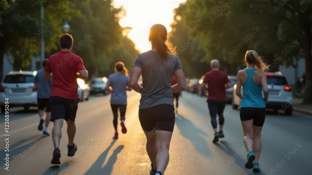 Fototapeta premium A vibrant group of diverse individuals running energetically down a bustling city street at sunset