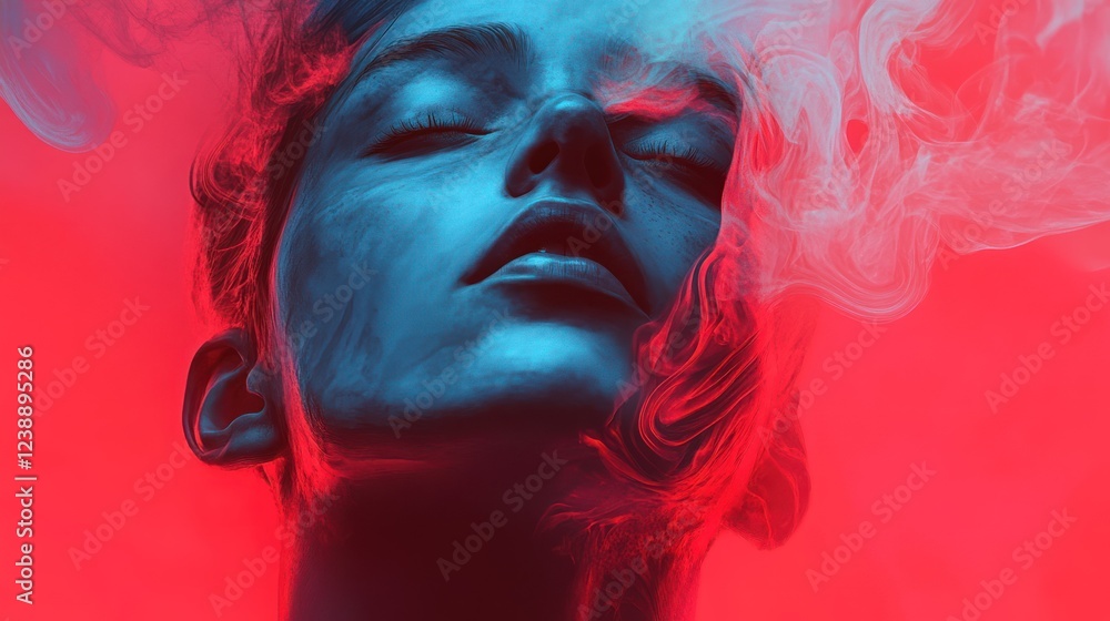 Close-up portrait of a woman's face, partially obscured by colorful smoke, against a red background. Close-up portrait of a woman's face, partially obscured by colorful smoke, against a red background.