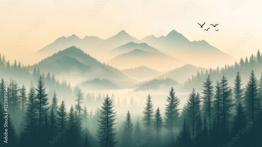 Obraz premium Misty Mountain Forest Sunrise