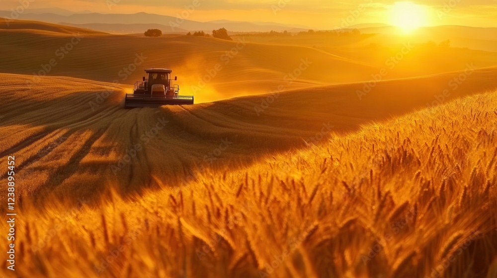 Fototapeta premium golden wheat field at harvest time, massive combine harvester moving through undulating terrain, warm sunset lighting, dramatic aerial perspective, pastoral countryside scene