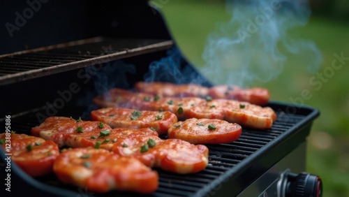 Delicious juicy pork chops sizzling on a hot grill grate with smoke rising from the grill. photo