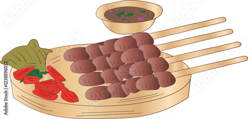 the Illustration of food called satay from Indonesia with soy sauce