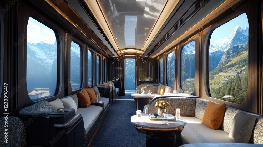 Fototapeta premium Luxurious Train Car Interior Scenic Mountain Views